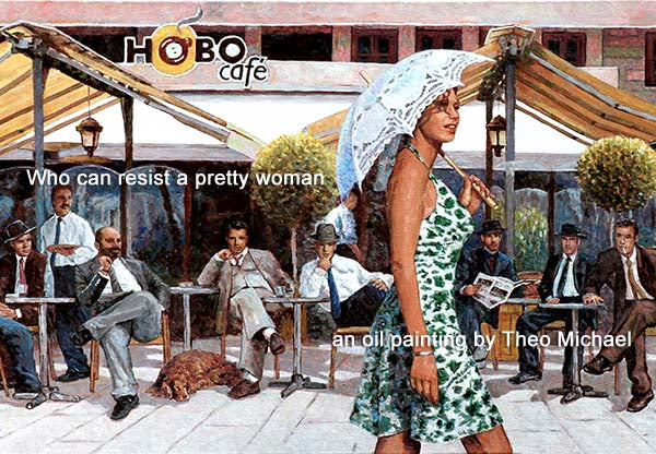 Cafe Painting, girl with umbrella by Theo Michael