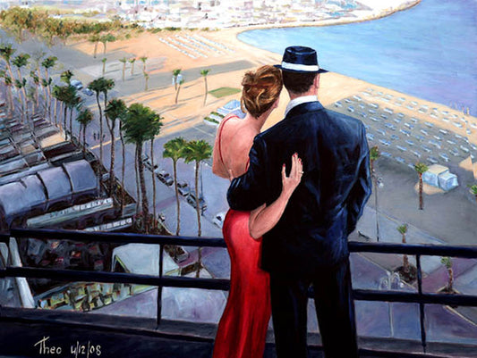Romantic Painting Balcony With A View, an oil painting by Theo Michael featuring a couple overlooking a seafront promenade