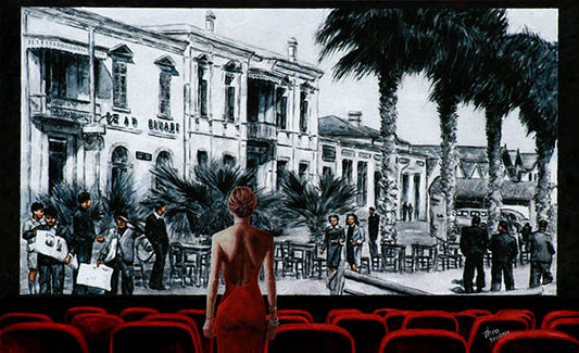 cinematic painting by Theo Michael, A Glimpse Into The Past featuring a young woman at the cinema looking at the screen at an image of her hometown of the past