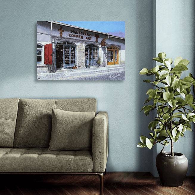 oil painting of The Copper Art shop in Larnaca, Cyprus original painting by Theo Michael