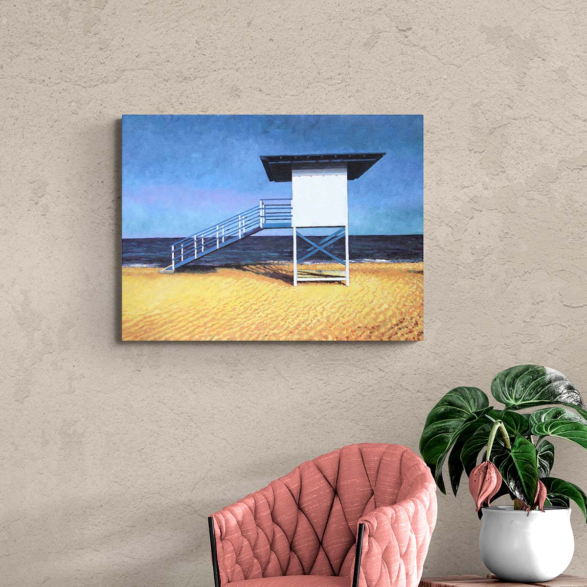 Canvas print of a beach painting of a lifeguard stand, an oil painting by Theo Michael featuring a deserted Cyprus beach