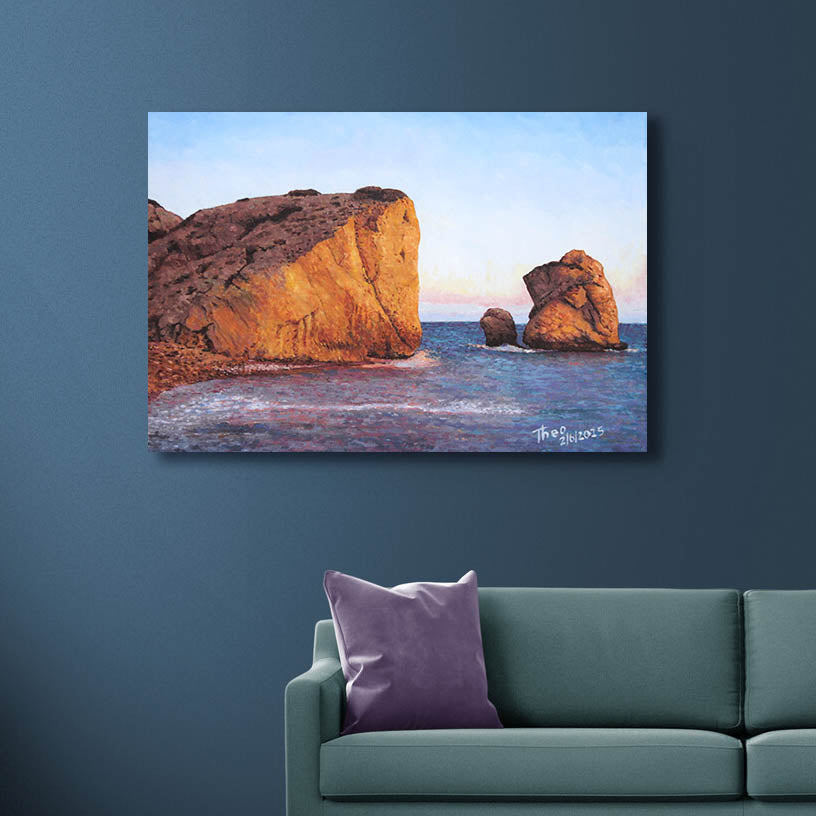 Canvas print of Petra Tou Romiou in Cyprus by Theo Michael. A stunning Rock formation which is known as the birth place of Aphrodite.