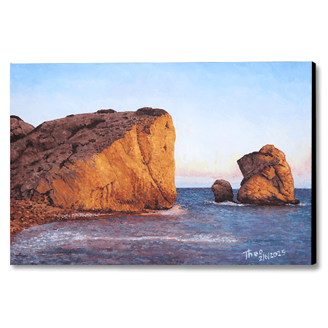 Oil painting of Petra Tou Romiou in Cyprus by Theo Michael. A stunning Rock formation which is known as the birth place of Aphrodite.