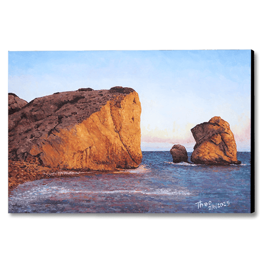 Oil painting of Petra Tou Romiou in Cyprus by Theo Michael. A stunning Rock formation which is known as the birth place of Aphrodite.