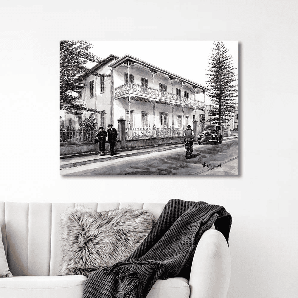 Vintage black and white Larnaca painting of a large house, The Pierides Museum in Larnaca by THeo Michael