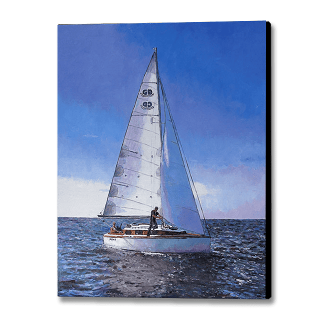 oil painting of a sailboat out on sea with clear blue skies and a far reaching horizon. Oil painting by Theo Michael