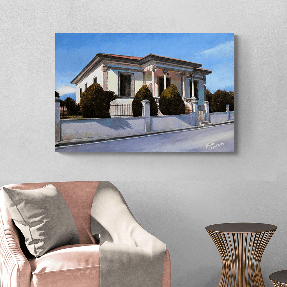 Canvas print of a beautiful Mediterranean mansion lit by summer sunshine. After an original oil painting by Theo Michael titled House In Summer Light.