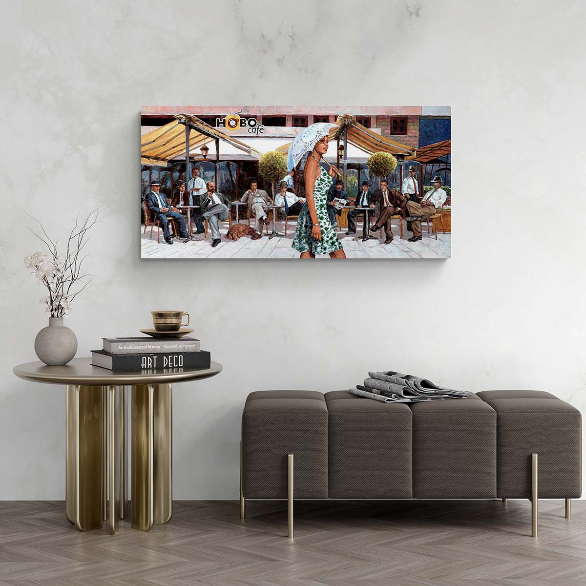 Canvas Print of Cafe painting girl with sun umbrella on promenade by Theo Michael