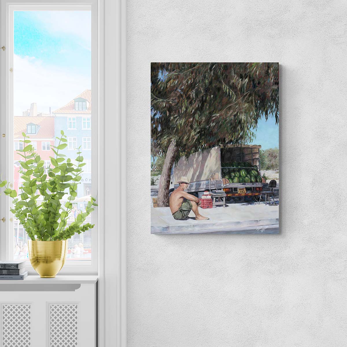 Traditional Cyprus painting, The Melon Seller a Canvas Print by Theo Michael