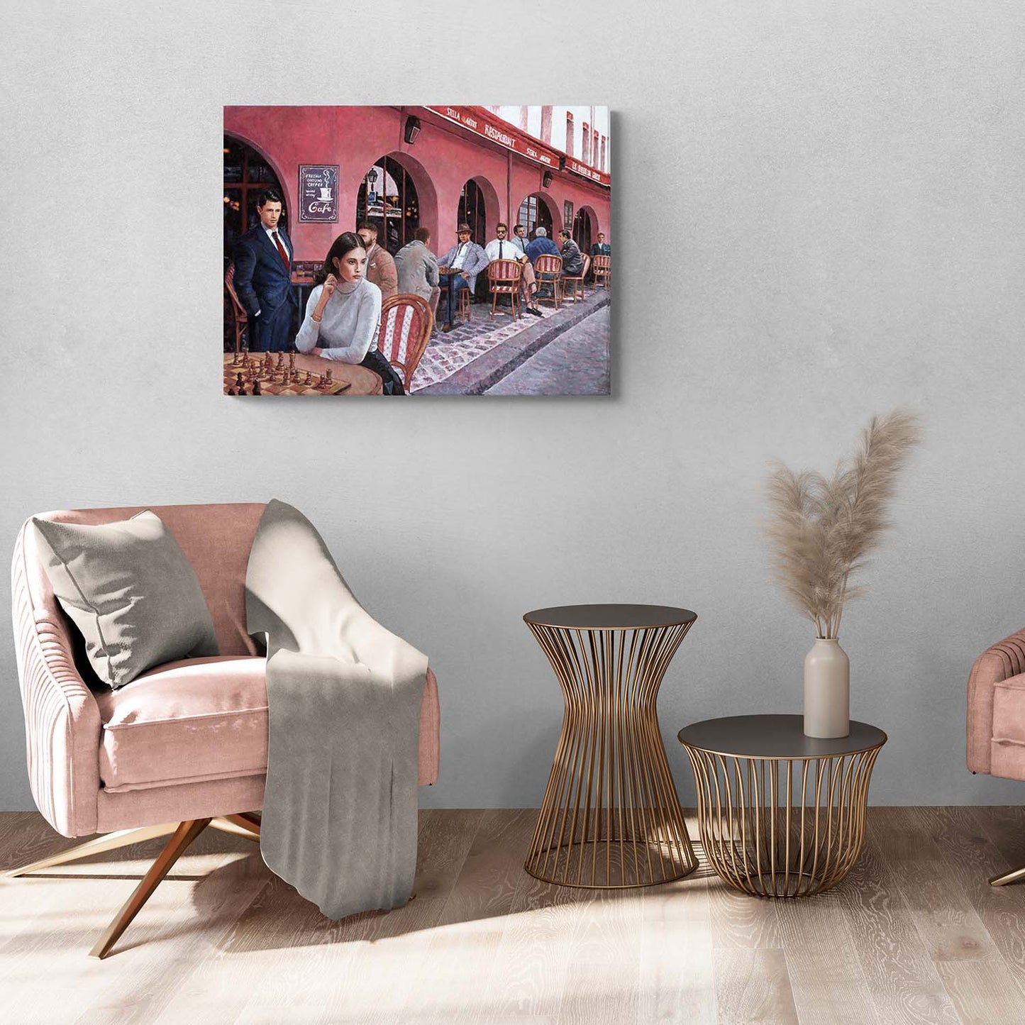 Canvas Print of a Chess painting by Theo Michael featuring the outside of a coffee shop