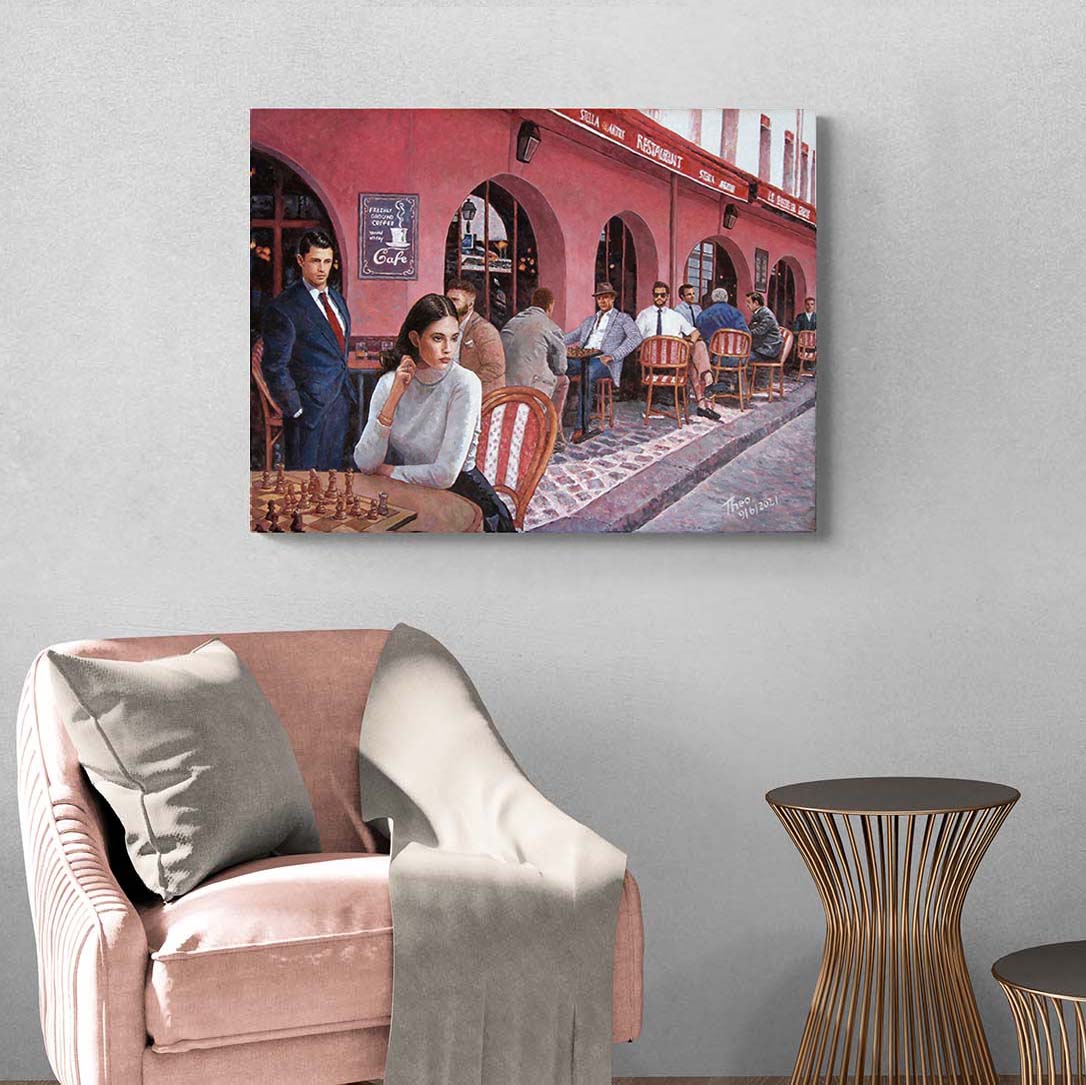 Canvas Print of a Chess painting by Theo Michael featuring the outside of a coffee shop