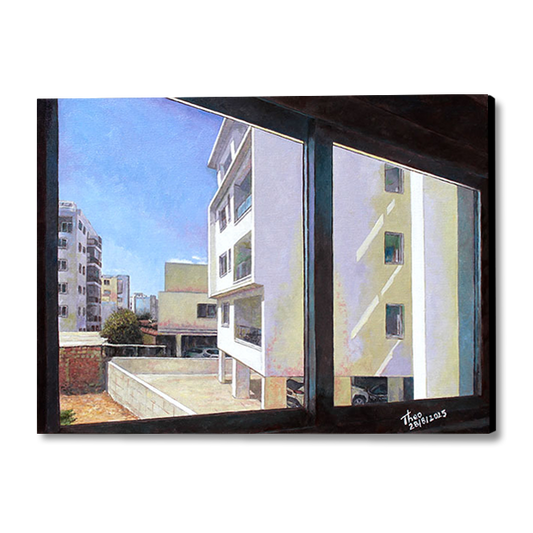 Oil painting of a window view with buildings outside by THeo Michael