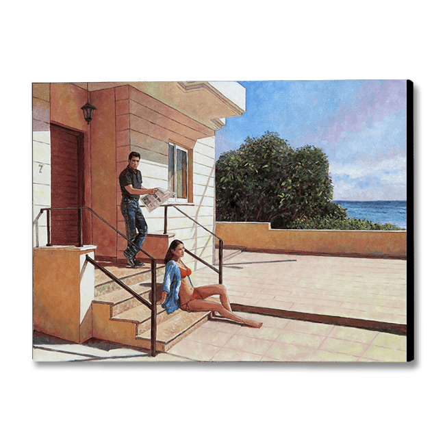 Edward Hopper Inspired oil painting of a couple outside their seaside house by Theo Michael
