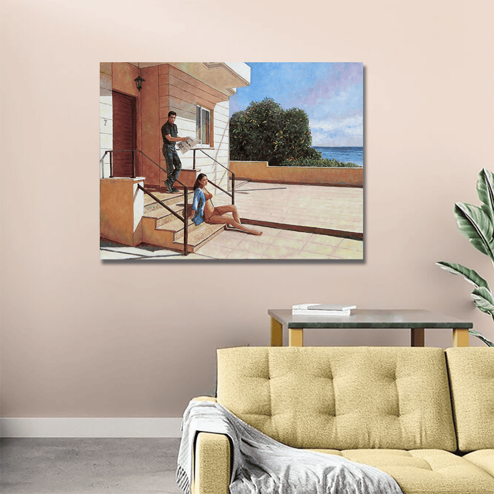 Edward Hopper Inspired Canvas Print of a couple outside their seaside house by Theo Michael