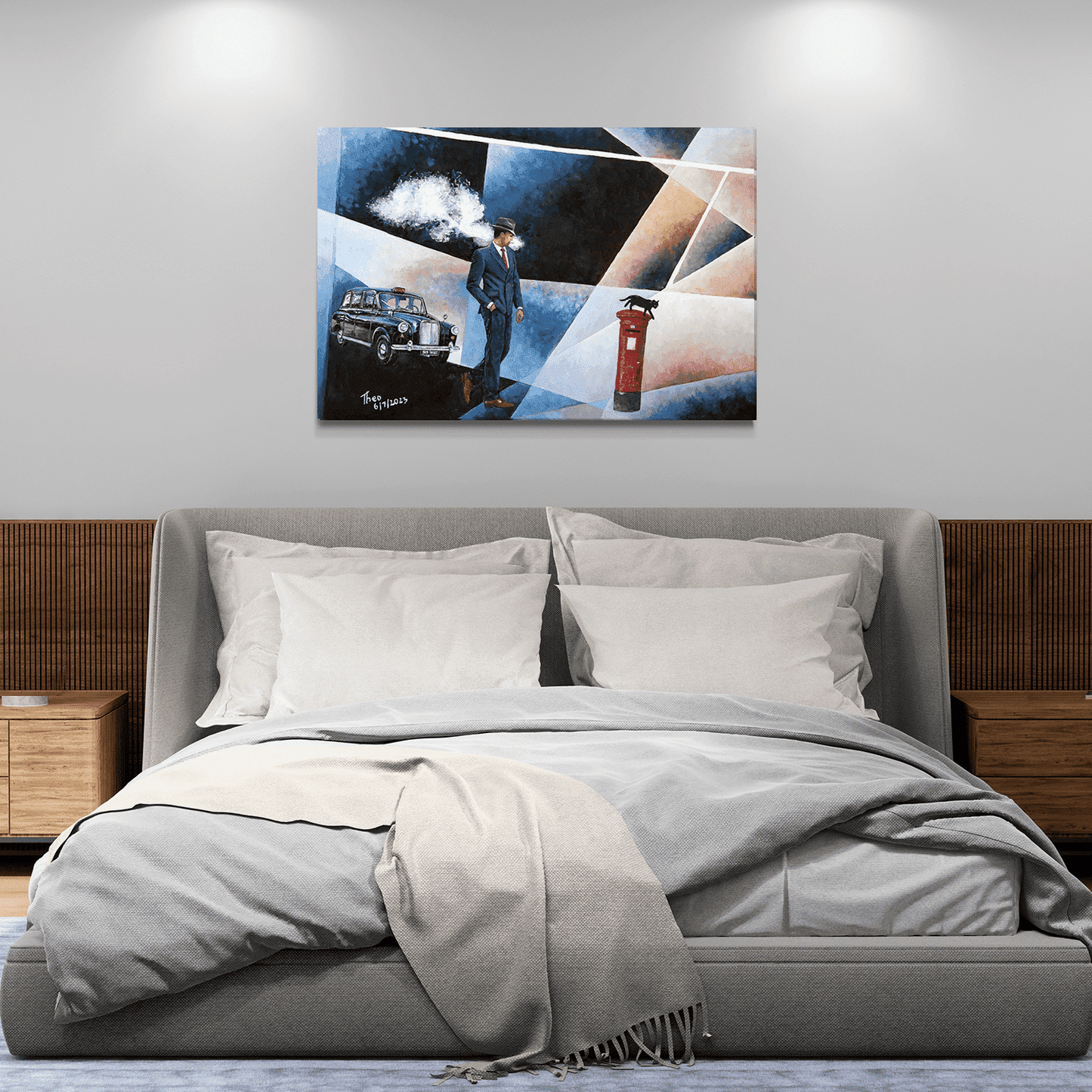 Canvas print of the oil painting Keep Walking by Theo Michael, a surreal film noir style painting with a London cab and an iconic London letter box.