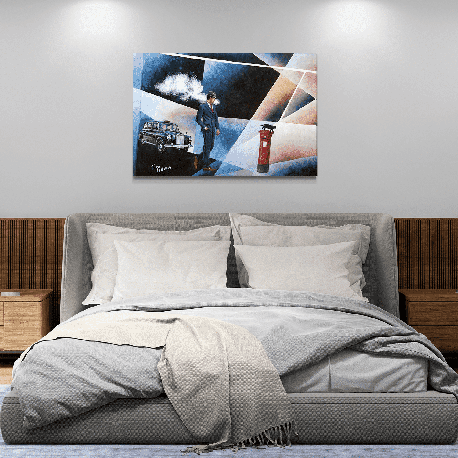 Canvas print of the oil painting Keep Walking by Theo Michael, a surreal film noir style painting with a London cab and an iconic London letter box.
