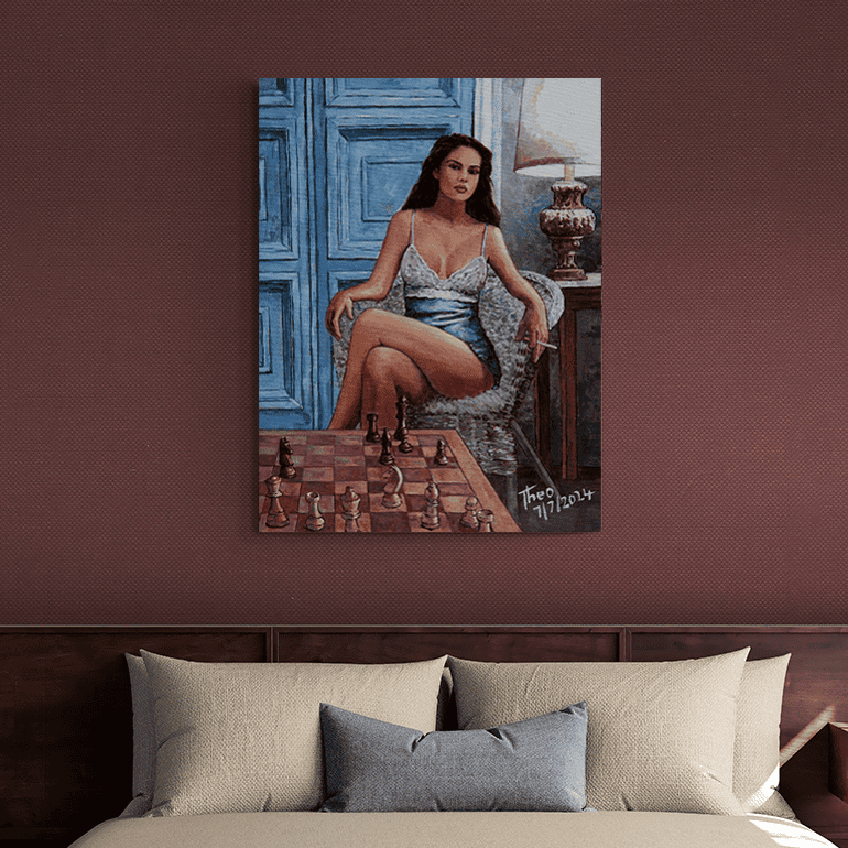 Pin Up Chess oil painting by Theo Michael, a woman sitting provocatively on a wicker chair playing a game of chess