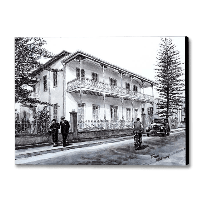 Nostalgic black and white Larnaca painting of a large house, The Pierides Museum in Larnaca by THeo Michael