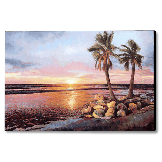 oil painting Sunset by The Sea by Theo Michael featuring a vibrant sunset of orange, pink and yellow.