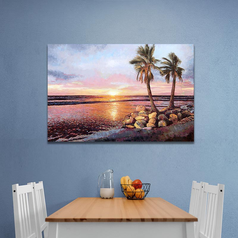 Canvas print  Sunset by The Sea by Theo Michael, an oil painting featuring a vibrant sunset of orange, pink and yellow.