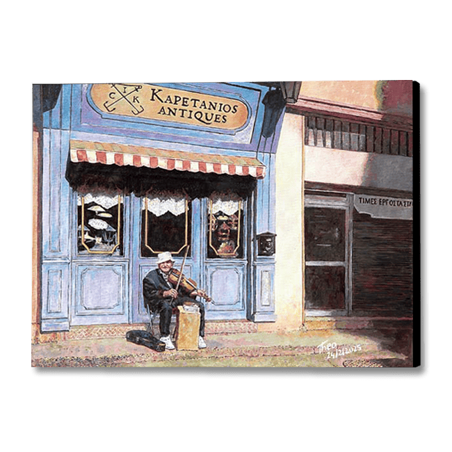 oil painting The Antique Store by Theo Michael featuring an elderly man playing the violin outside the shop