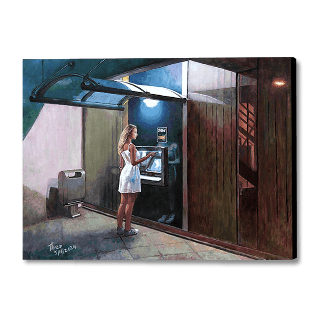 canvas print The Cashpoint Machine by Theo Michael, an Edward Hopper style oil painting.