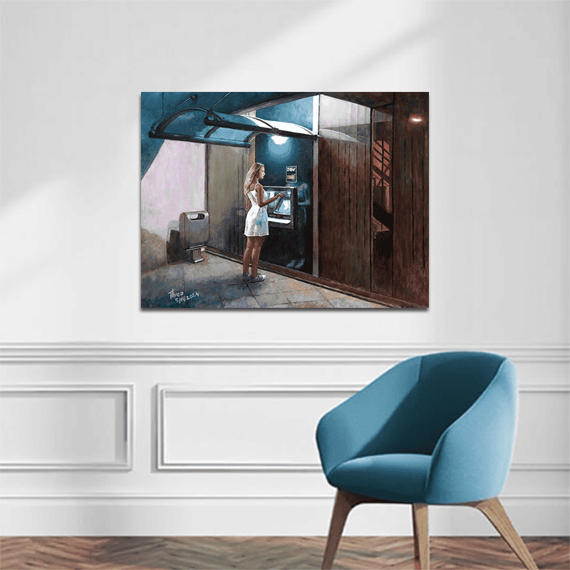 canvas print The Cashpoint Machine by Theo Michael, an Edward Hopper style oil painting featuring the ATM of the Cyprus Bank in Larnaca