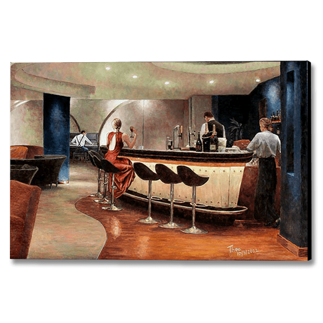 Bar painting, Alone At The Bar. Decorate Your Spaces with Captivating Art by Theo Michael: Canvas Art and Fine Art Prints