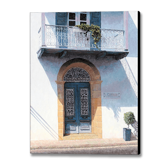 Canvas Print by Theo Michael, Blue Door With Balcony