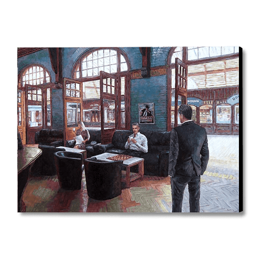 A chess painting in oil, featuring a cafe in Windsor by Theo Michael