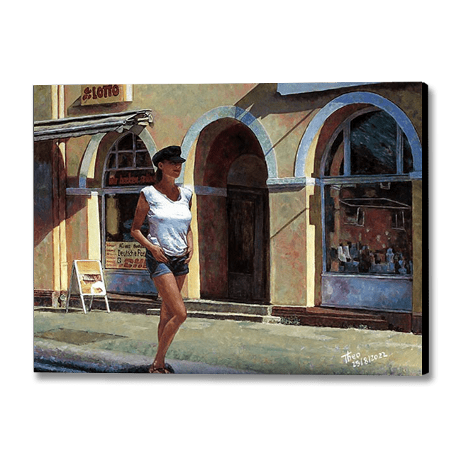 Edward Hopper style Fine Art Print Daydreamer by Theo Michael, a young girl in a tshirt and denim shorts walking carefree down the street