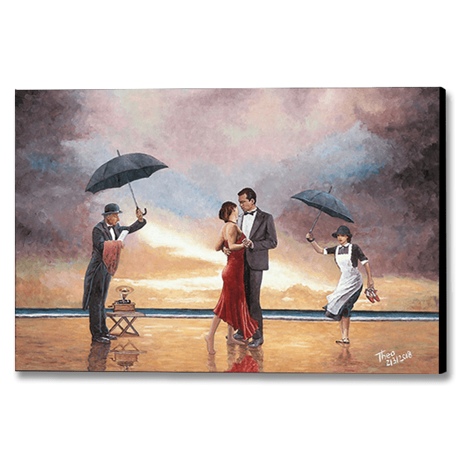 Homage to the Singing Butler, a painting inspired by Jack Vettriano and painted by Theo Michael. Beautify Your Home with Stylish Canvas Art and Fine Art Prints of dance paintings by the beach