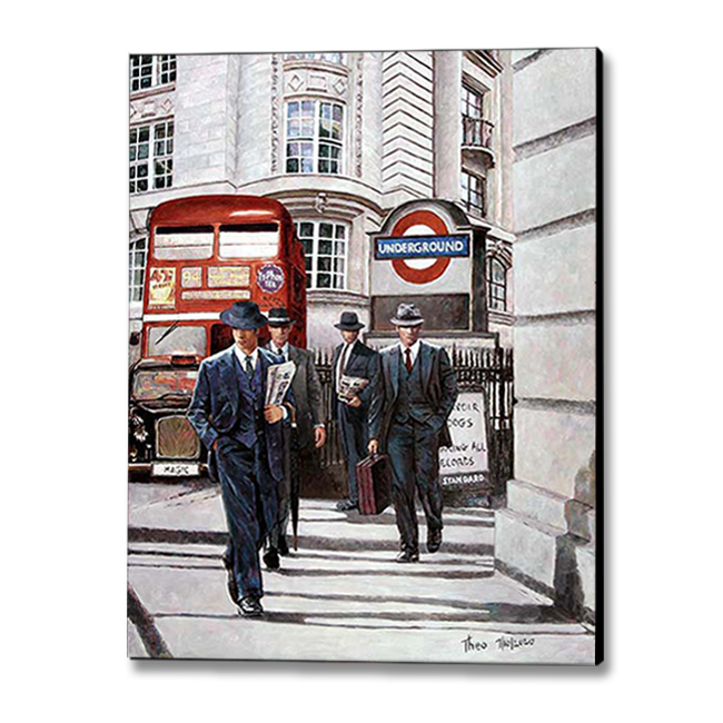 Canvas Print of London painting with iconic bus and taxi by Theo Michael inspired by Quentin Tarantino's Reservoir Dogs
