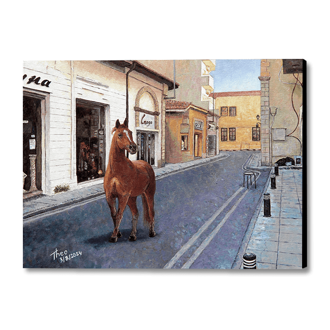 oil painting by Theo Michael titled One Horse Town, a chestnut mare is trotting down the deserted high street in Larnaca Cyprus
