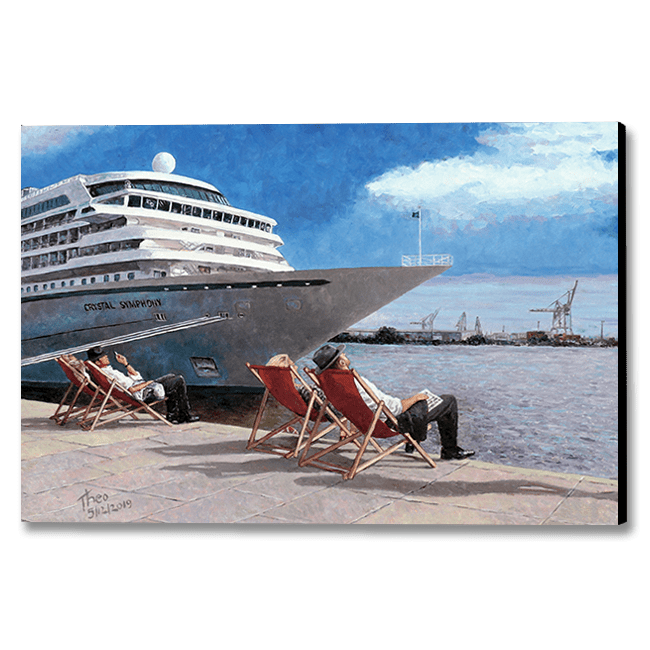 Edward Hopper style painting, People In The Sun by Theo Michael, featuring Hamburg harbour as a background and a group of people on sun loungers in the foreground in front of the cruise ship Crystal Symphony