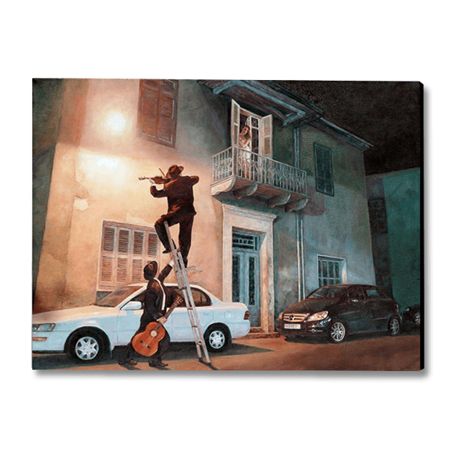 Romantic oil painting from Art by Theo Michael, a painting inspired by Spitzweg and titled Serenade
