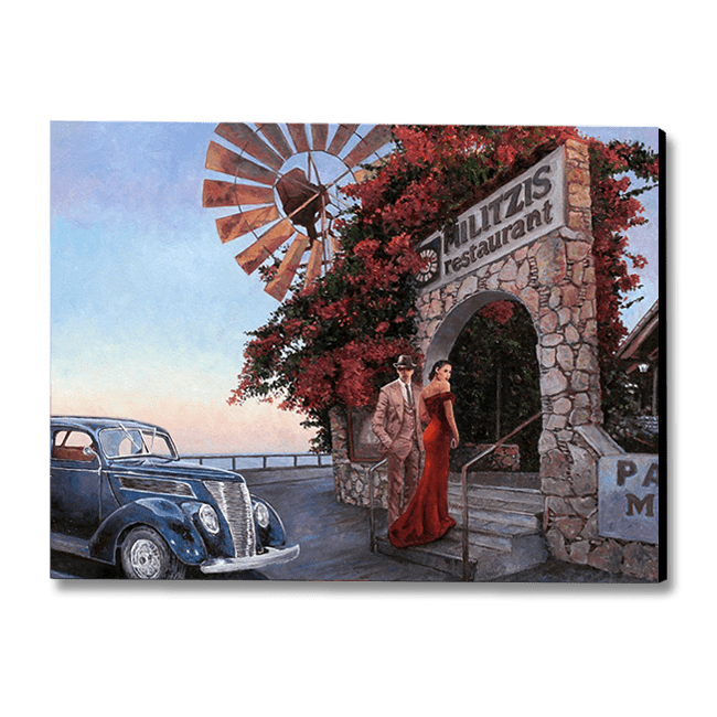 Restaurant oil painting by Theo Michael titled Militzis The Sunset Proposal