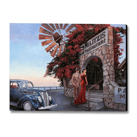 Restaurant oil painting by Theo Michael titled Militzis The Sunset Proposal