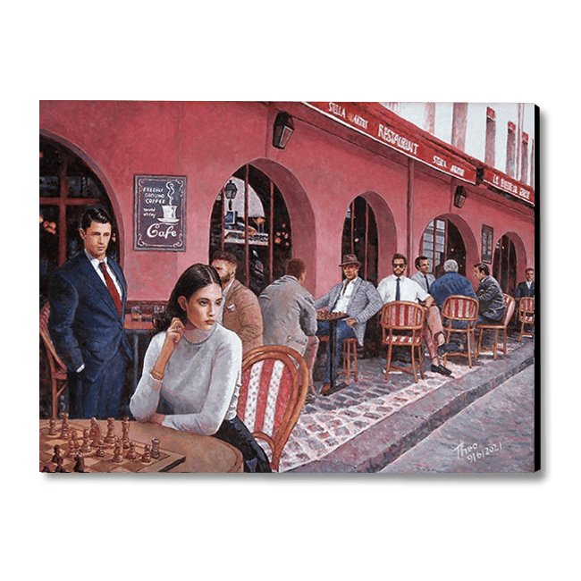 Chess painting by Theo Michael featuring the outside of a coffee shop