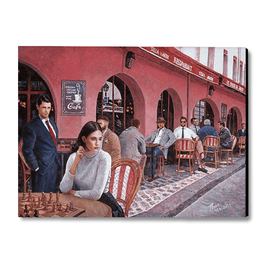 Chess painting by Theo Michael featuring the outside of a coffee shop