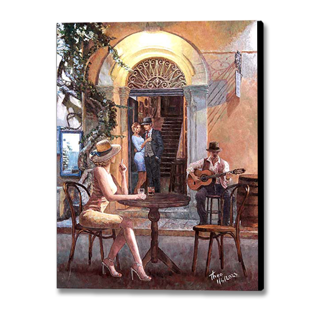 oil painting The Guitar Player by Theo Michael a Cafe and Bar painting featuring a beautiful entrance to the restaurant night