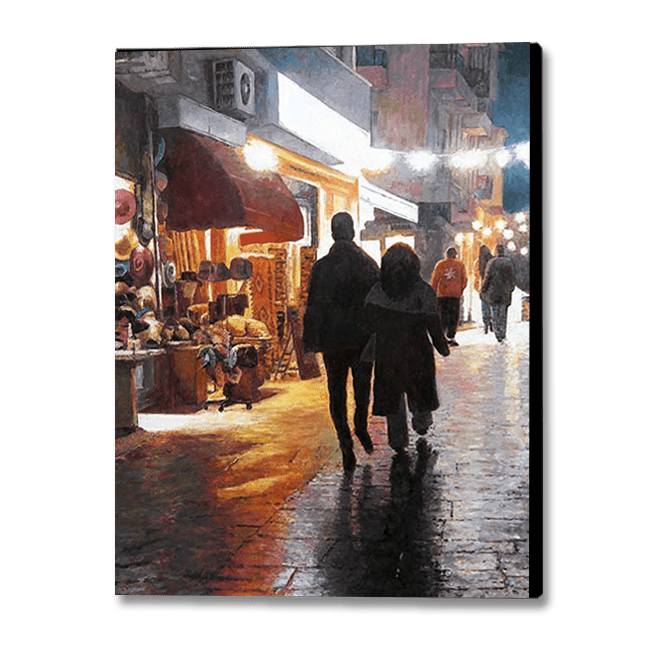 Oil Painting of a wet street painting in Athens by Theo Michael. A night scene with beautiful reflections