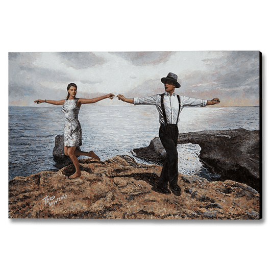 Dance painting, beach painting by Theo Michael celebrating the Joy Of Dance at Cape Greko in Cyprus