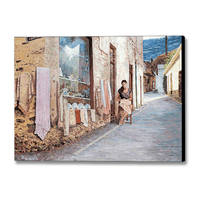 oil painting of Cyprus traditions, The Lace Maker by Theo Michael featuring a young woman in Lefkara practicing the art of lacemaking.