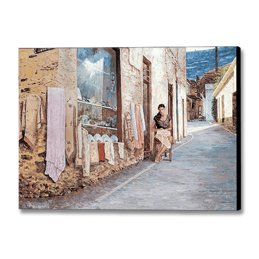 oil painting of Cyprus traditions, The Lace Maker by Theo Michael featuring a young woman in Lefkara practicing the art of lacemaking.