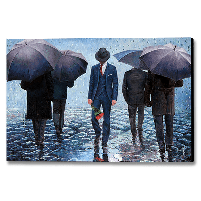 umbrella painting, walking in the rain, an oil painting titled The Long Goodbye. Enhance Your Home with Art by Theo Michael: Artful Canvas Paintings and Fine Art Prints