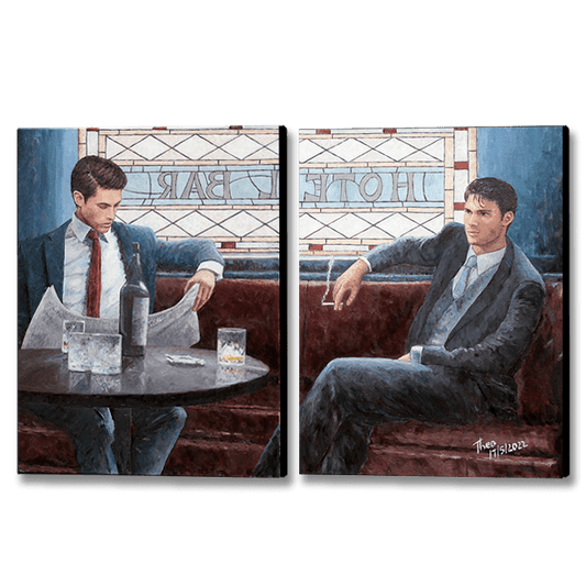 Canvas print, The Lounge Bar a diptych by Theo Michael featuring the interior of hotel bar