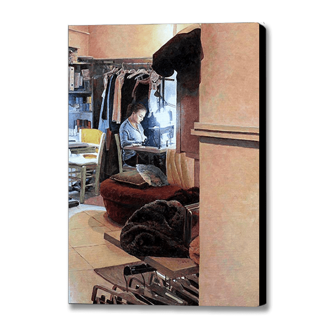 oil painting of Cyprus traditions, The Seamstress by Theo Michael features a young woman busy working at making dresses.