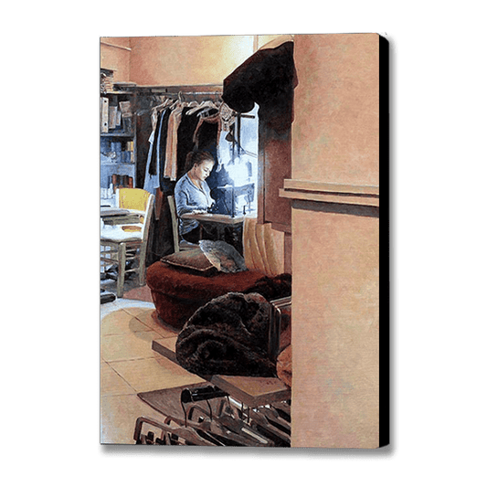 oil painting of Cyprus traditions, The Seamstress by Theo Michael features a young woman busy working at making dresses.
