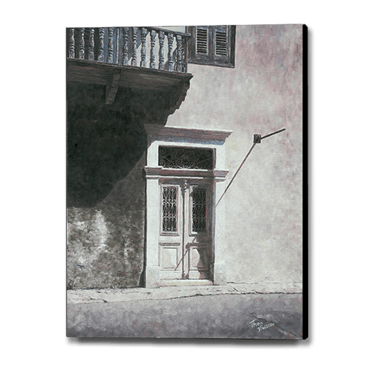 Canvas Print of a Mediterranean door painting by Theo Michael, Cyprus White Door in Larnaca